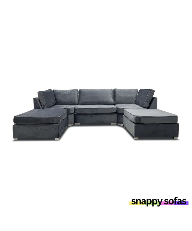 Bishop Grey Plush Velvet U Shape Corner Sofa, modern design perfect for luxury living spaces.