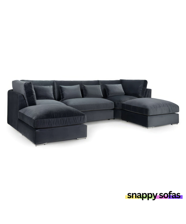 Bishop Grey Plush Velvet U-Shape Corner Sofa, luxurious and comfortable, perfect for any living space.
