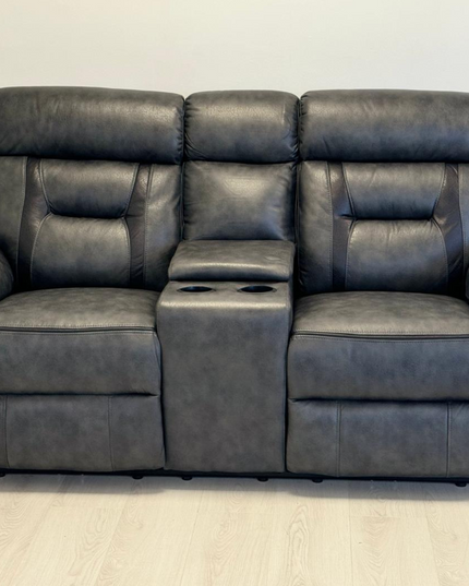 Hannan 2 Seater Electric Recliner Sofa in grey micro fabric with center console and plush seating.