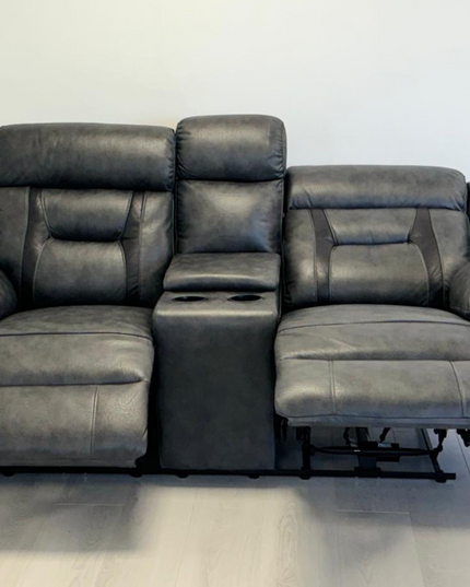 Hannan 2 Seater Electric Recliner Sofa in grey micro fabric with dual reclining seats and cupholder.