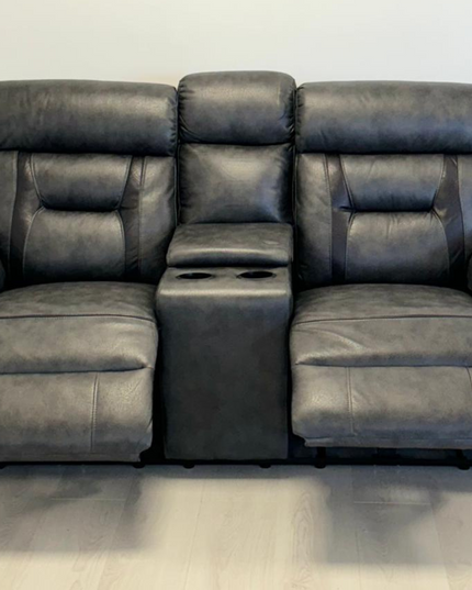 Hannan 2 Seater Electric Recliner Sofa in grey micro fabric with cup holder for modern living room comfort.