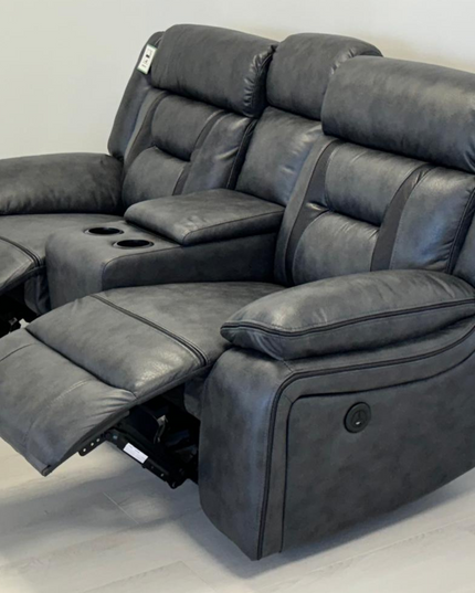 Hannan 2 Seater Electric Recliner Sofa in grey micro fabric with reclining function and cup holders.