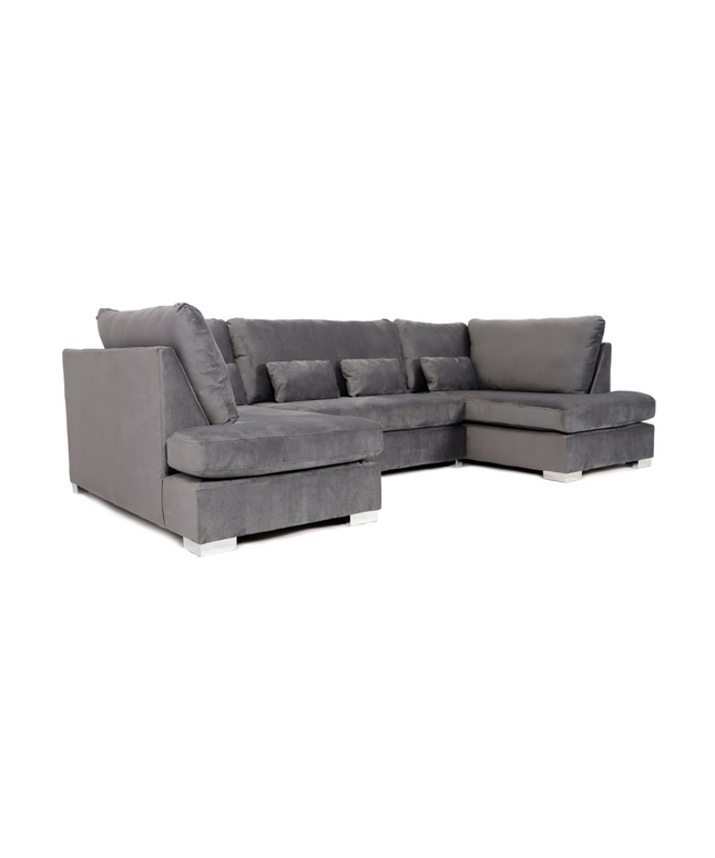 Belgravia U Shape Sofa in plush velvet upholstery, featuring deep cushions and stylish chrome feet.