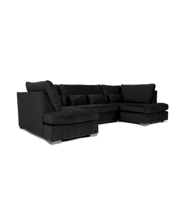 Belgravia U Shape Sofa in plush black velvet with deep cushions and chrome feet, perfect for luxury living and comfort.