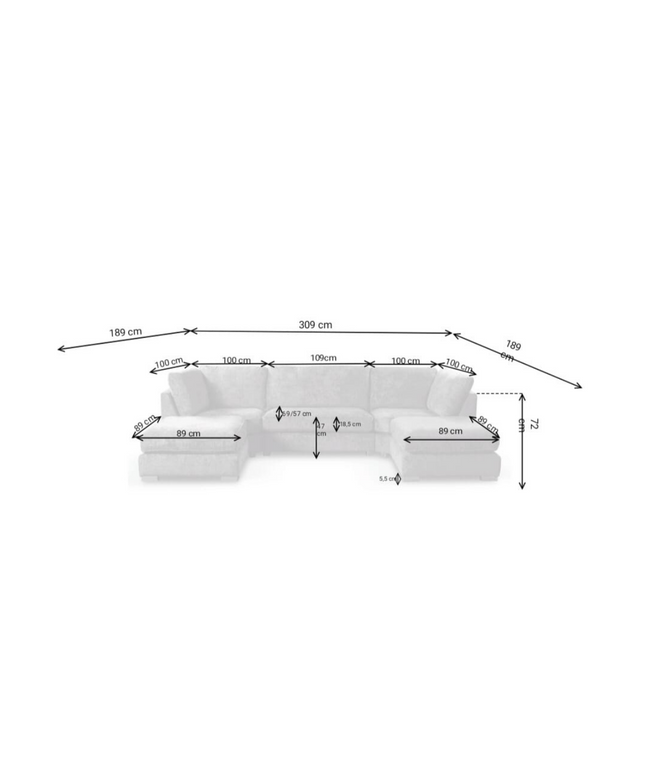 Dimensions of the Brixton U Shape Sofa, showcasing its layout and size in cm for precise measurements.
