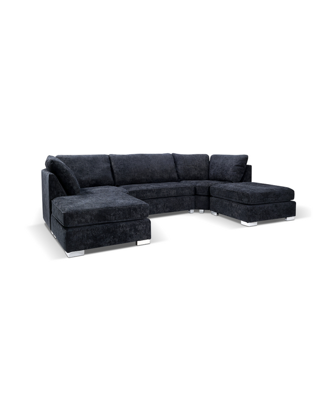 Brixton U Shape Sofa in black chenille, featuring modern design and comfortable seating arrangement.