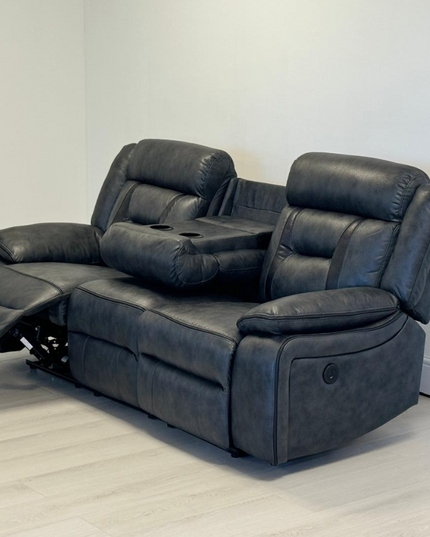 Nova 3 Seater Electric Recliner Sofa in Grey Aire Leather with cup holders and reclining feature.