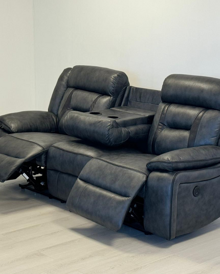 Nova 3 Seater Electric Recliner Sofa in Grey Aire Leather with cup holders and reclining features.