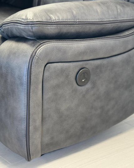 Close-up of Nova 3 Seater Electric Recliner Sofa in Grey Aire Leather, showcasing the recline control mechanism.