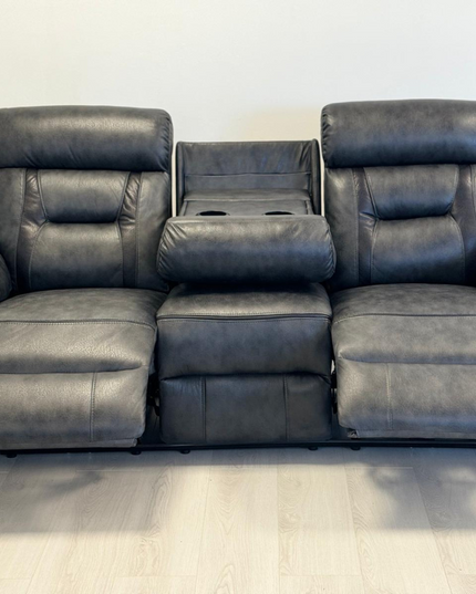 Nova 3 Seater Electric Recliner Sofa in Grey Aire Leather with cup holders and USB ports.