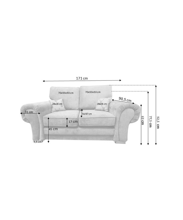Vegas 2 Seater Sofa Grey Fabric dimensions with measurements for ideal space planning.