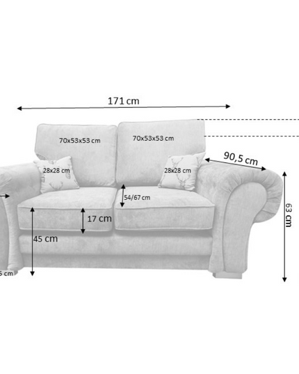 Dimensions and measurements of the Verona 3+2 Sofa Set in grey, showcasing its spacious design and comfort.
