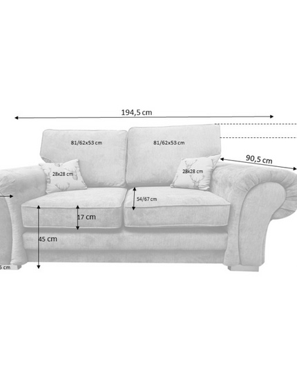 Dimensions of the Verona 3+2 Sofa Set in grey fabric, showing a front view with measurements.