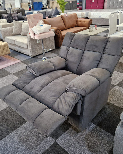 Munich Reclining Swivel Arm Chair in grey fabric, featuring plush seating and a modern design, ideal for any living room.
