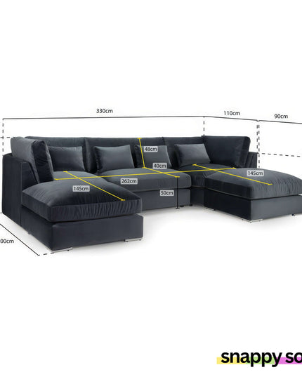 Bishop Grey Plush Velvet U Shape Corner Sofa with dimensions for optimal space planning.