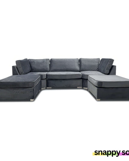 Bishop Grey Plush Velvet U Shape Corner Sofa, modern design perfect for luxury living spaces.