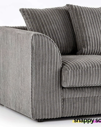 Close-up of Harley 3+2 Fabric Sofa in soft grey jumbo cord, showcasing plush comfort and stylish design.