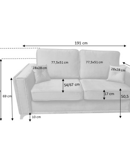 Dimensions of Alaska 2 Seater Sofa with measurements for seating and back height, showcasing its elegant design.