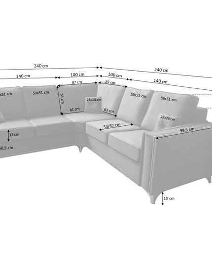 Dimensions of Alaska Double Corner Sofa in plush velvet, showcasing seating layout and measurements for perfect fit.