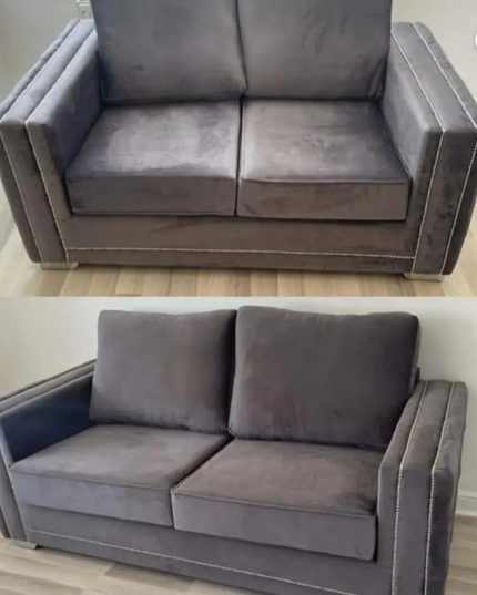 Alaska 2 Seater Sofa in grey with high back cushions and square arms, showcasing elegant comfort and refined detailing.