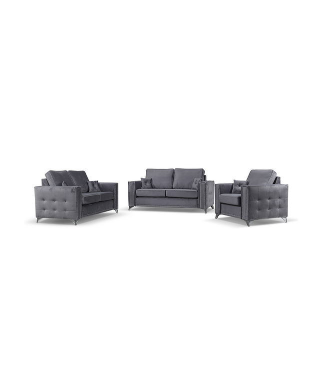 Alaska Armchair and sofa set in luxurious mid-grey velvet with diamond button detailing and chrome legs.