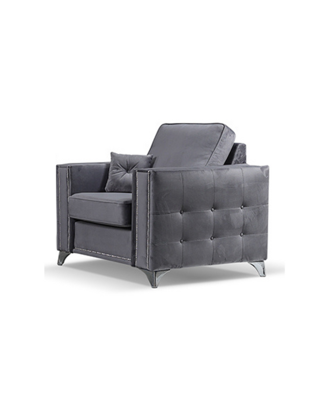 Alaska Armchair in rich mid-grey velvet with diamond button detailing and chrome legs, perfect for modern living spaces.