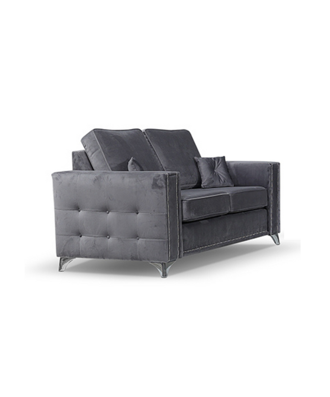 Alaska 2 Seater Sofa in grey velvet with diamond button tufting and square arms, elegant style for any living space.