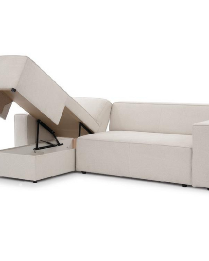 Alexa Pull Out Sofa Bed in cream with storage, showcasing modern L-shaped design and pull-out mechanism.