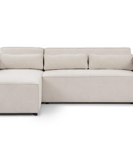 Alexa pull-out sofa bed in cream fabric with storage, modern L-shaped design for stylish living rooms.