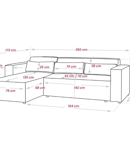 Dimensions diagram of the Alexa pull-out sofa bed with storage in Kensington fabric, featuring L-shape and measurements.