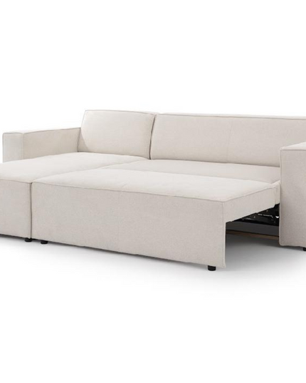 Modern Alexa pull-out sofa bed in luxurious cream fabric with storage and stylish L-shaped design.