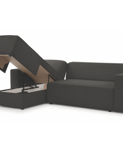 Alexa Pull Out Sofa Bed in dark grey fabric with storage compartment open, showcasing functionality and modern design.