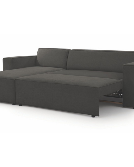 Contemporary black sofa bed with pull-out mechanism and storage solutions, ideal for modern living spaces.