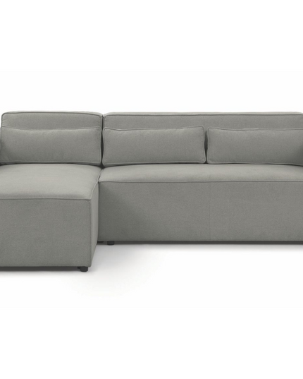 Modern grey Alexa pull-out sofa bed with storage, stylish L-shaped design for living room.