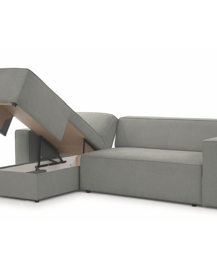 Gray Alexa pull-out sofa bed with storage, showcasing modern L-shaped design and functional pull-out mechanism.