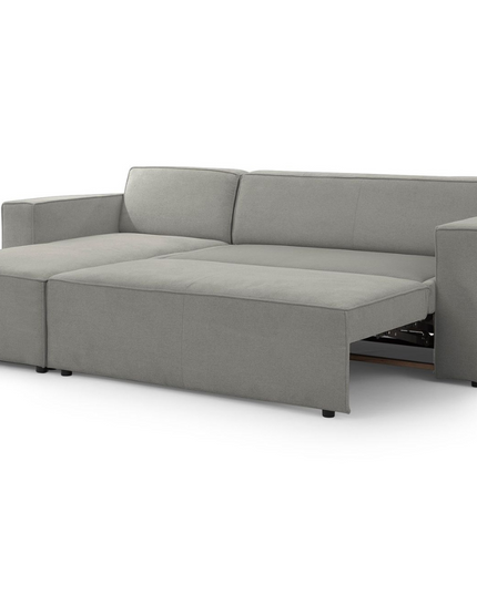 Alexa pull-out sofa bed in elegant grey fabric with storage solution, perfect for modern living spaces.