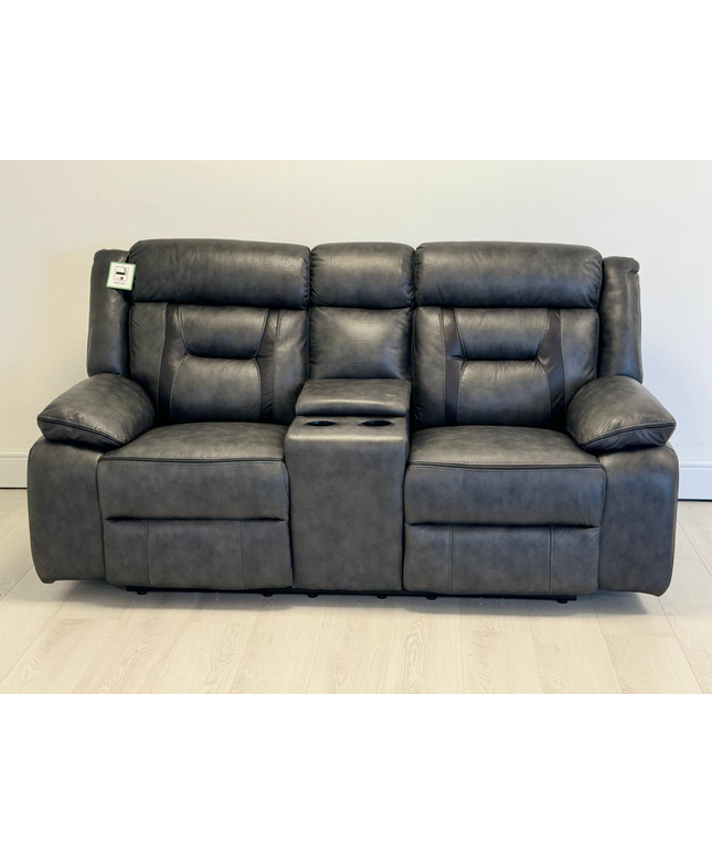 Hannan 2 Seater Electric Recliner Sofa in grey micro fabric with center console and plush seating.