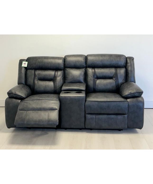 Hannan 2 Seater Electric Recliner Sofa in grey micro fabric with cup holders and plush seating.