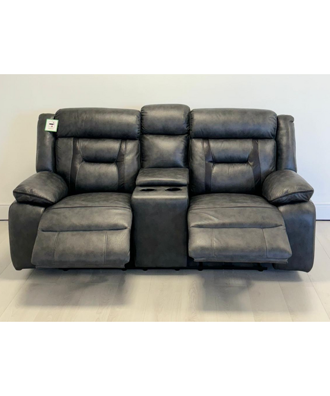 Nova 2 Seater Electric Recliner Sofa in Grey Aire Leather with cup holder console and reclining feature.