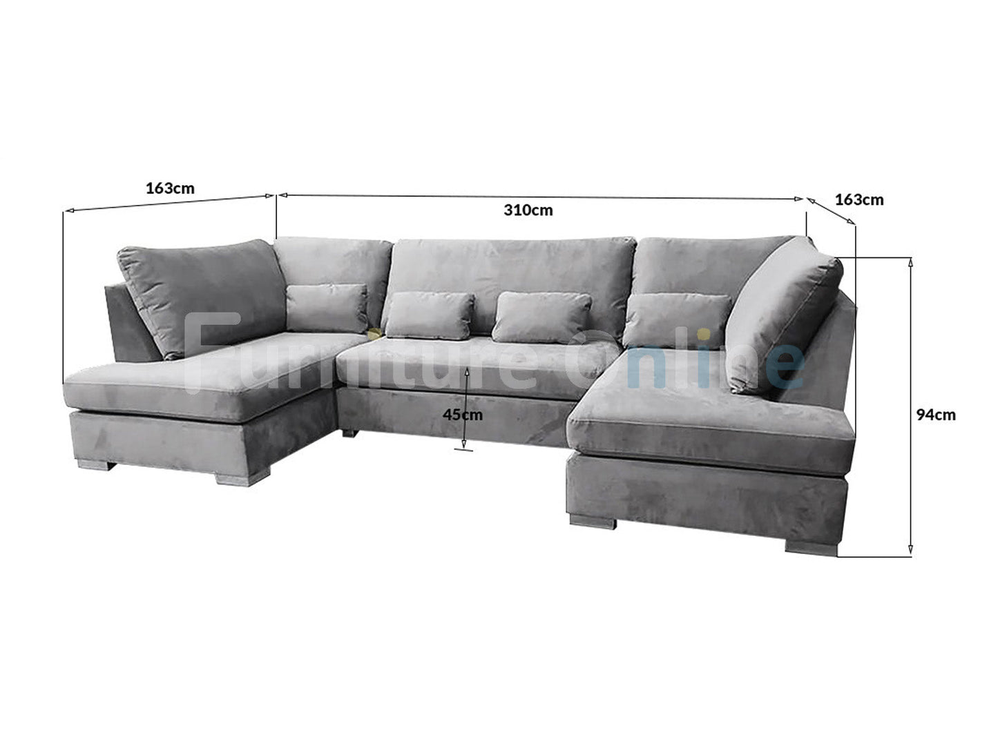 Belgravia U Shape Sofa Plush Velvet Silver