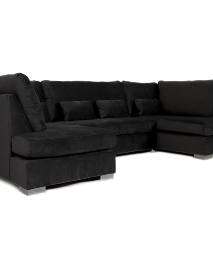 Belgravia U Shape Sofa in plush black velvet with deep cushions and chrome feet, perfect for luxury living and comfort.