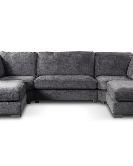 Bishop U Shape Sofa in luxe gray chenille, featuring broad cushioned seats for family comfort and sophisticated style.