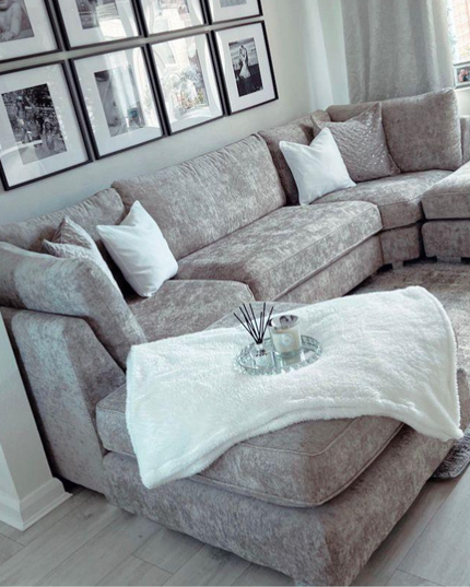 Bishop U Shape Sofa in luxe chenille, featuring broad cushioned seats and stylish pillows, perfect for family comfort.