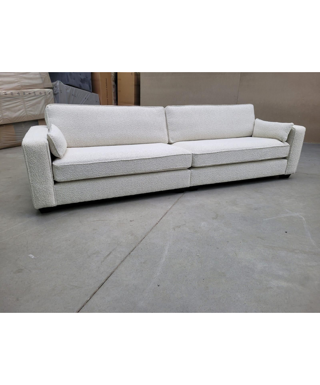Bloomsbury luxury 4 seater cream sofa with matching footstool, crafted from premium boucle fabric, showcasing British craftsmanship.