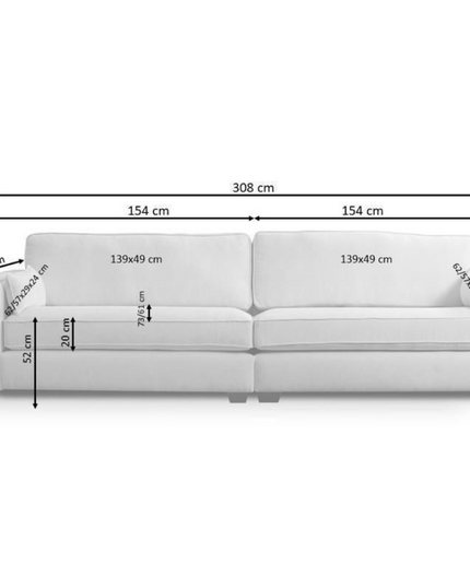 Diagram of the Bloomsbury Luxury 4 Seater Sofa in Cream, showing dimensions and design features.