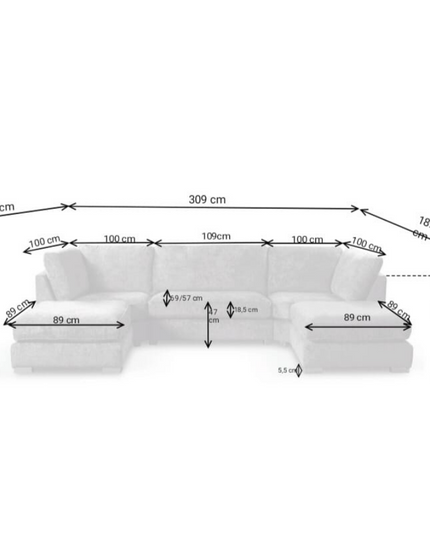 Dimensions of the Brixton U Shape Sofa, showcasing its layout and size in cm for precise measurements.