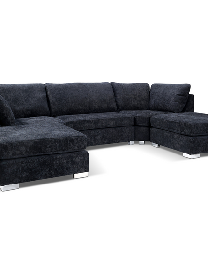 Brixton U Shape Sofa in black chenille, featuring modern design and comfortable seating arrangement.