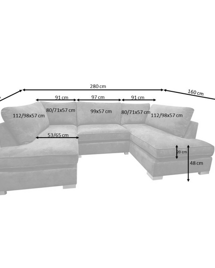 Dimensions diagram of the Carnaby Small U Shape Sofa with Footstool, featuring measurements in cm.