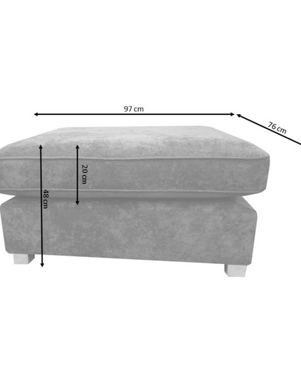 Carnaby Small U Shape Sofa footstool dimensions, gray velvet fabric, 97 cm wide, 76 cm deep, 20 cm height.