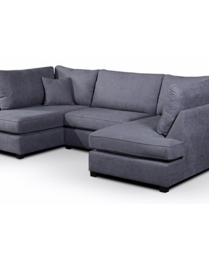 Carnaby Small U Shape Sofa in soft gray fabric with footstool, offering stylish and functional seating.